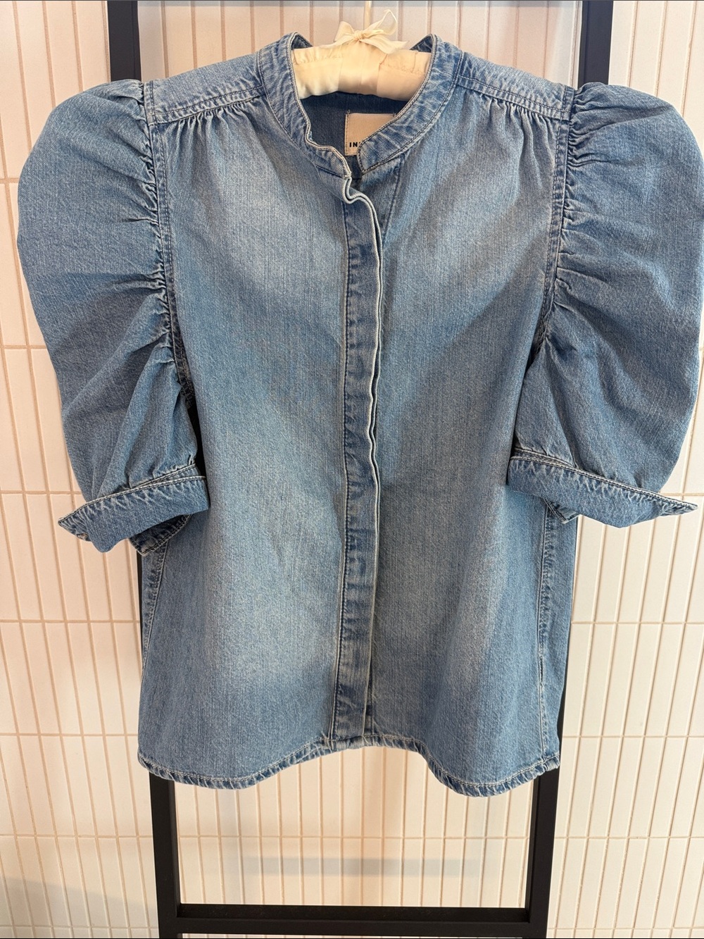 Puff Sleeve Denim Button-Down Shirt - Light Blue